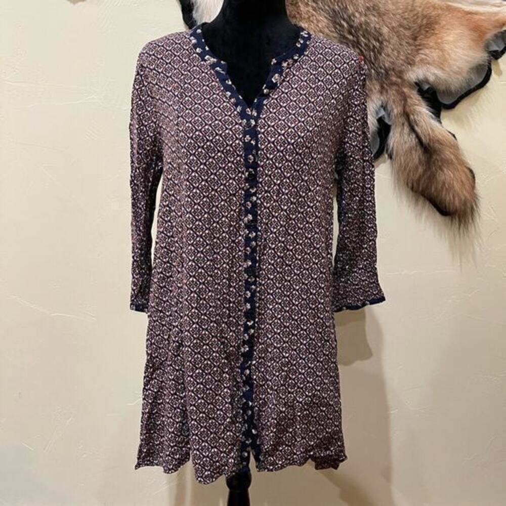 Hem & Thread Womens Large Dress Geometric Print V-Neck Long Sleeve Blue‎ Brown